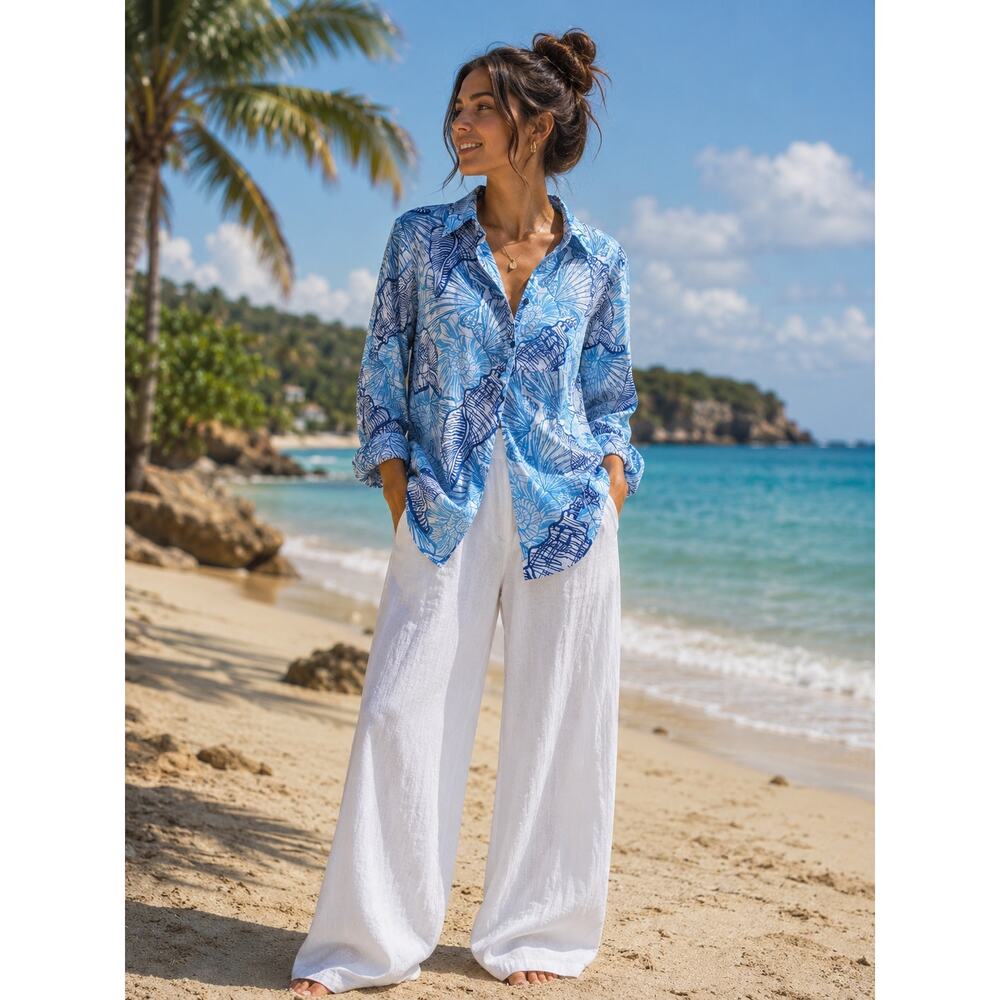 True Destinations Women’s Blue Seashell Print Button Front Shirt Sz L 100%cotton